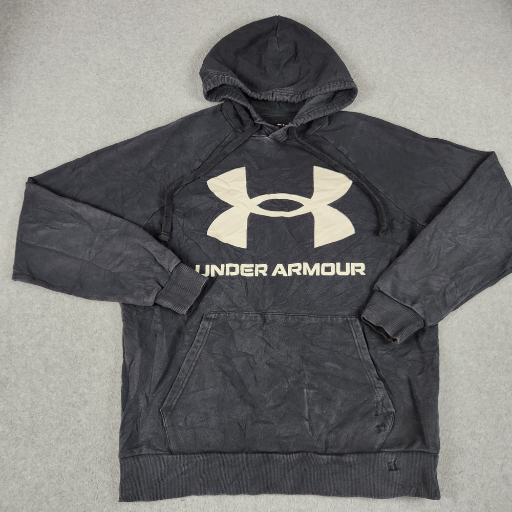Under Armour Hoodie Mens Medium Black Big Logo Rival Fleece Loose Fit Pullover